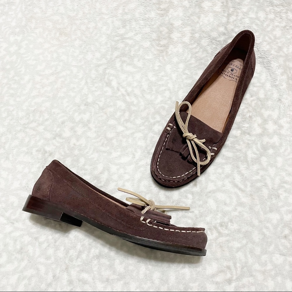 Lucky Brand Moccasins Tobacco Brown Oiled Suede Preppy Kiltie Tie Loafers
